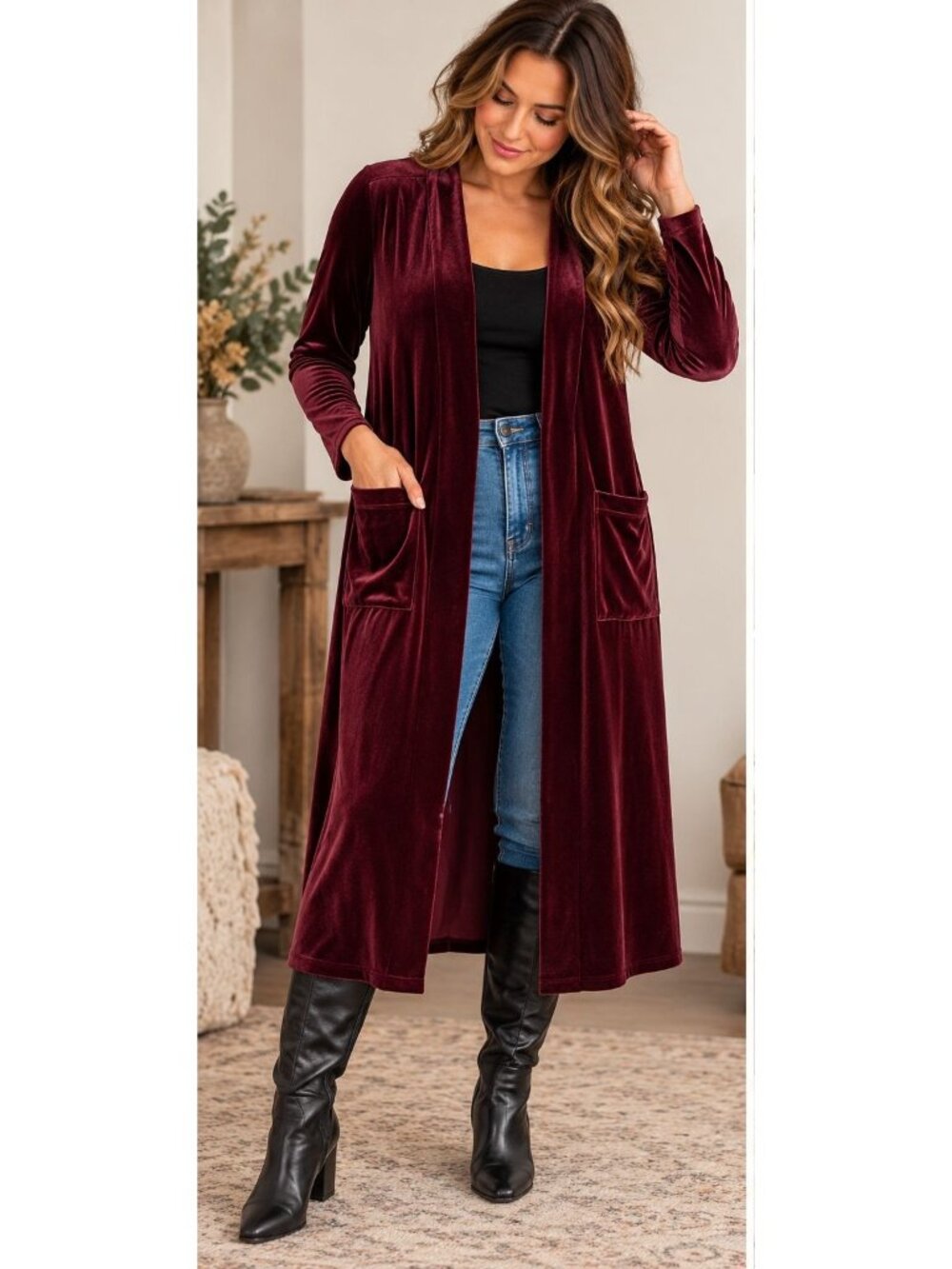 Burgundy Velvet Duster Cardigan S Longline Maxi Boho Whimsigoth Romantic Holiday